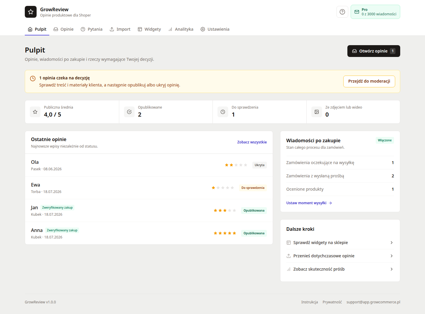 Pulpit GrowReview z publiczną średnią, opiniami do sprawdzenia i stanem wiadomości