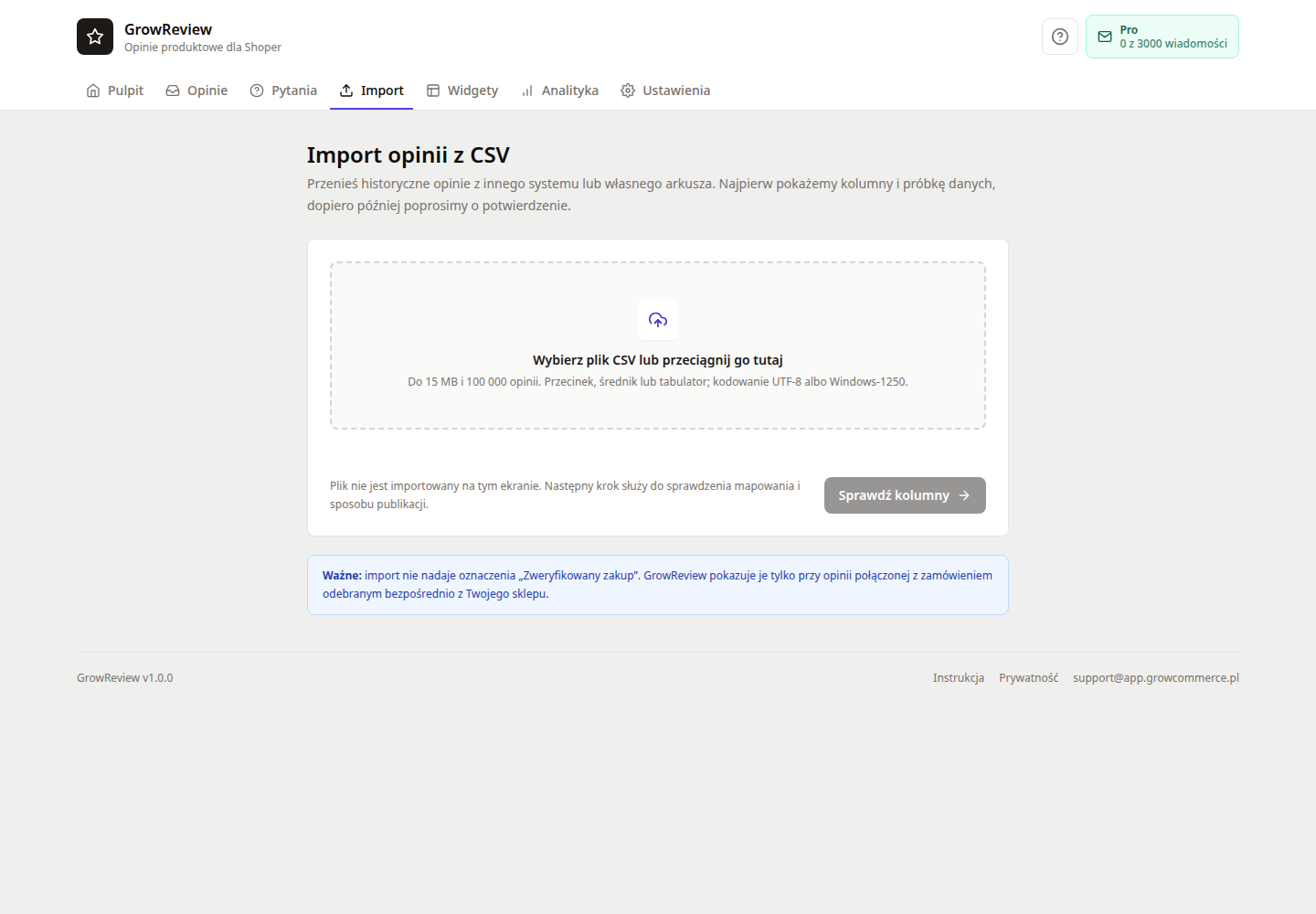 Pierwszy krok importu opinii z pliku CSV w GrowReview