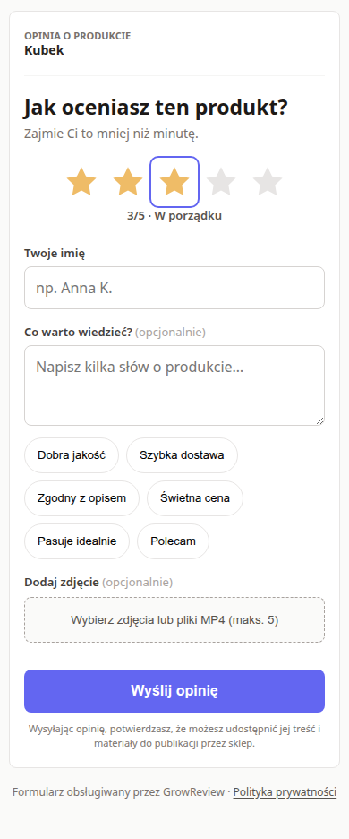 Mobilny formularz opinii GrowReview z wybraną oceną, opisem i dodawaniem zdjęć